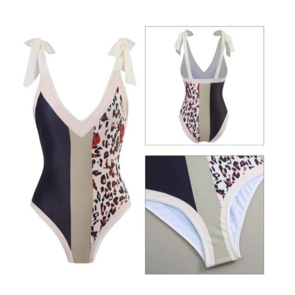 Swimsuit Womens Sz M Green Tan Animal Print One Piece Tie at Shoulder Bows - Picture 11 of 11